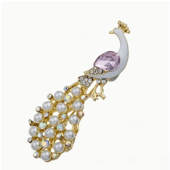 unbranded Jewelry - Brooch Peacock Imitation Pearl Lavender Rhinestone White Enamel Gold Tone